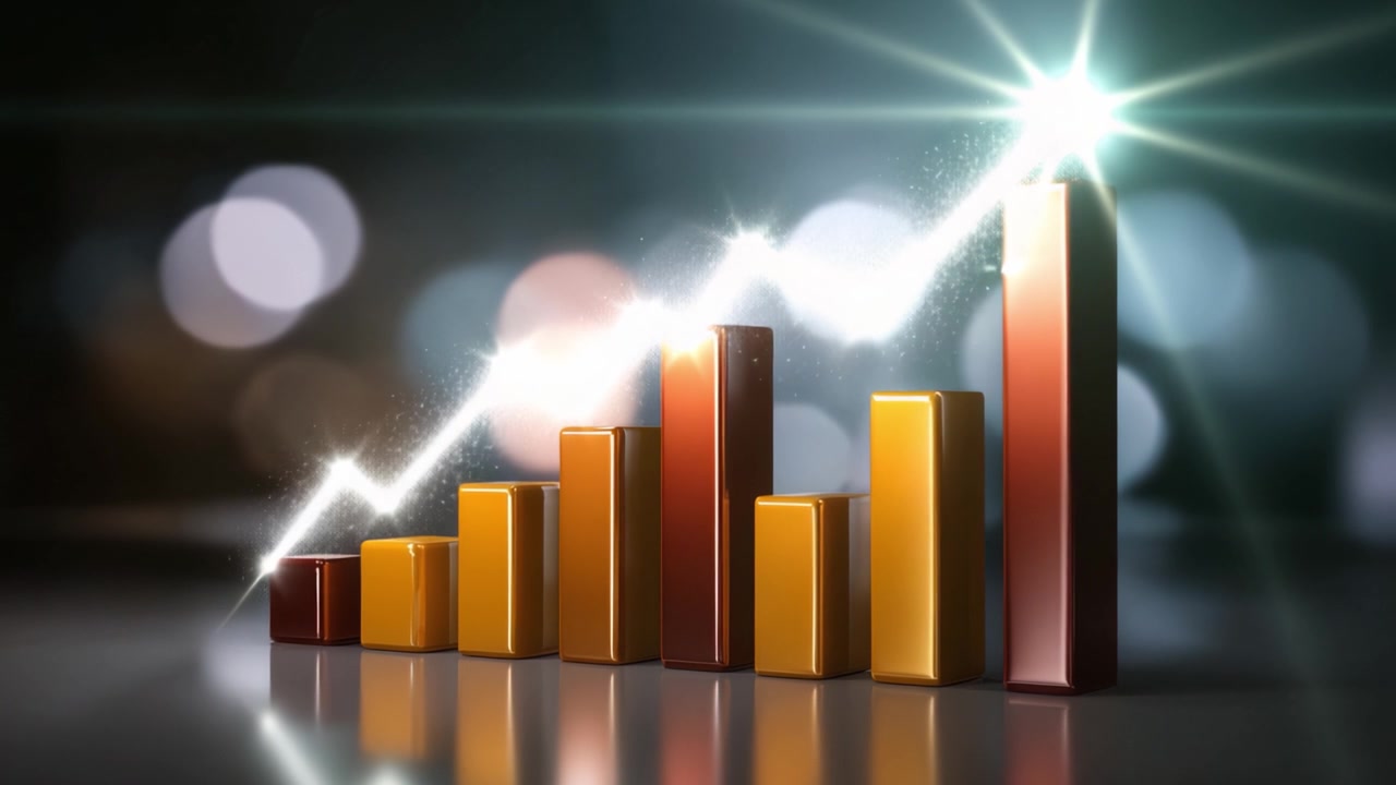 Dynamic Growth Chart Displaying Progression with Vibrant Bars and Sparkling Light Effects, Symbolizing Success, Achievements, and Data Visualization in Finance