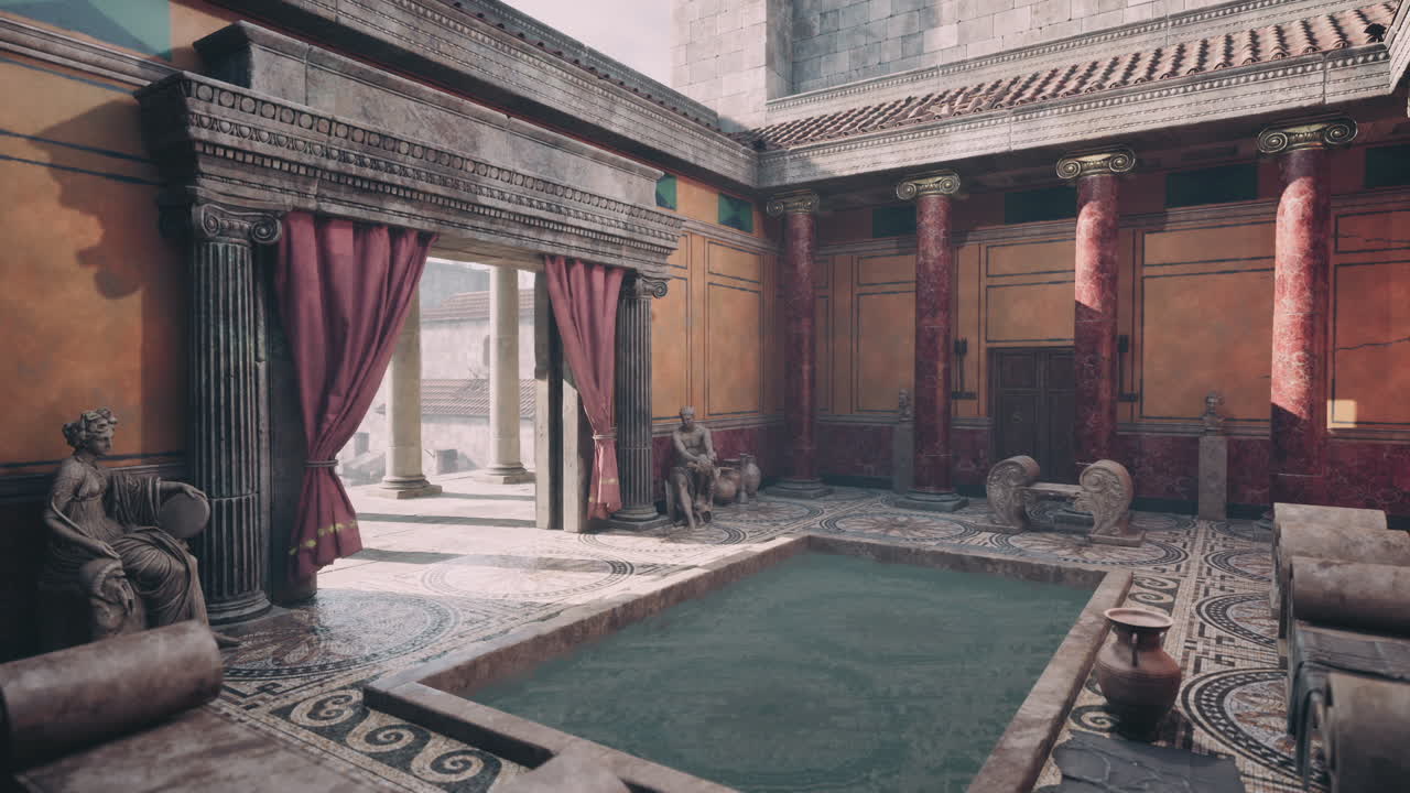Roman villa interior with decorative pillars and a serene pool area