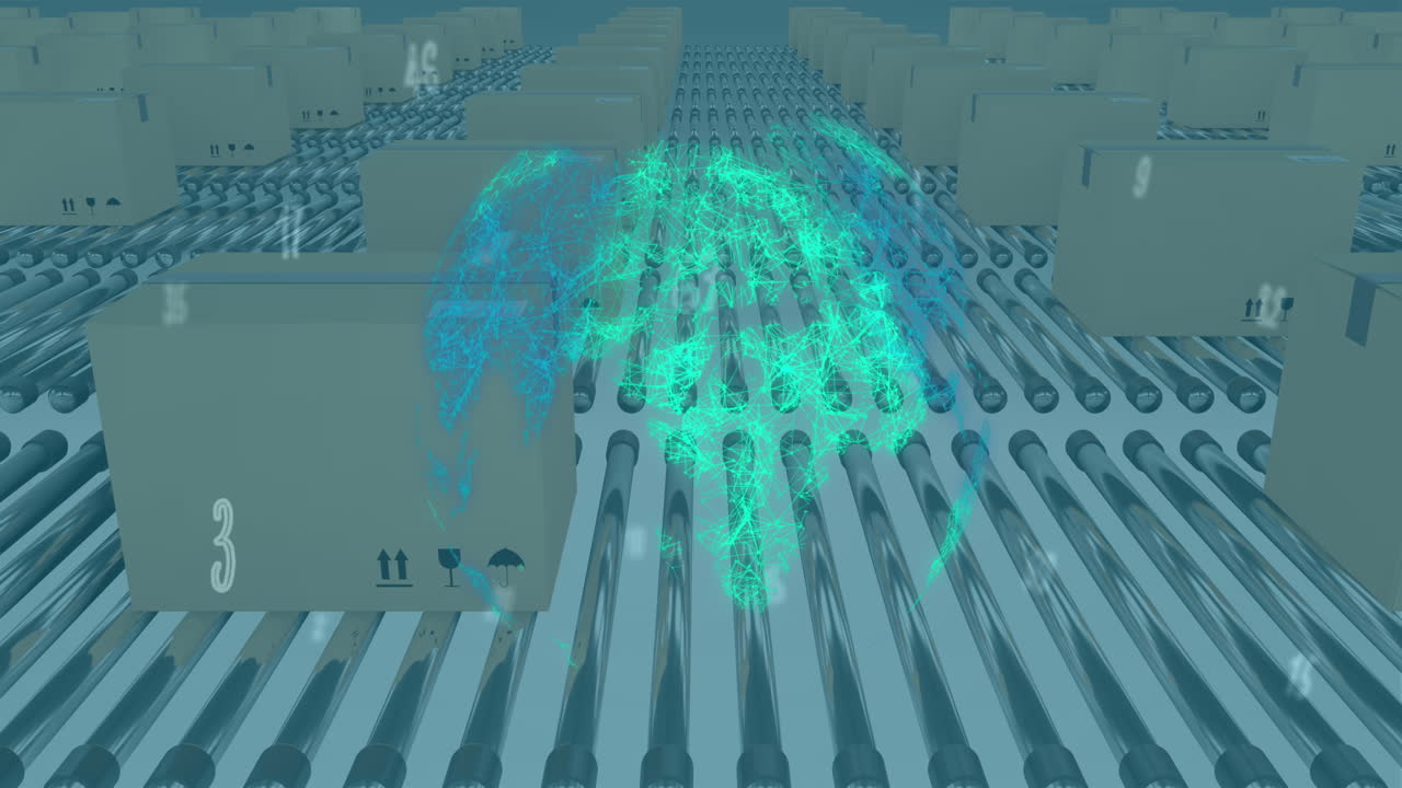 컨베이어 벨트에 있는 카드보드 상자 위에서 변화하는 숫자와 회전하는 지구의 애니메이션