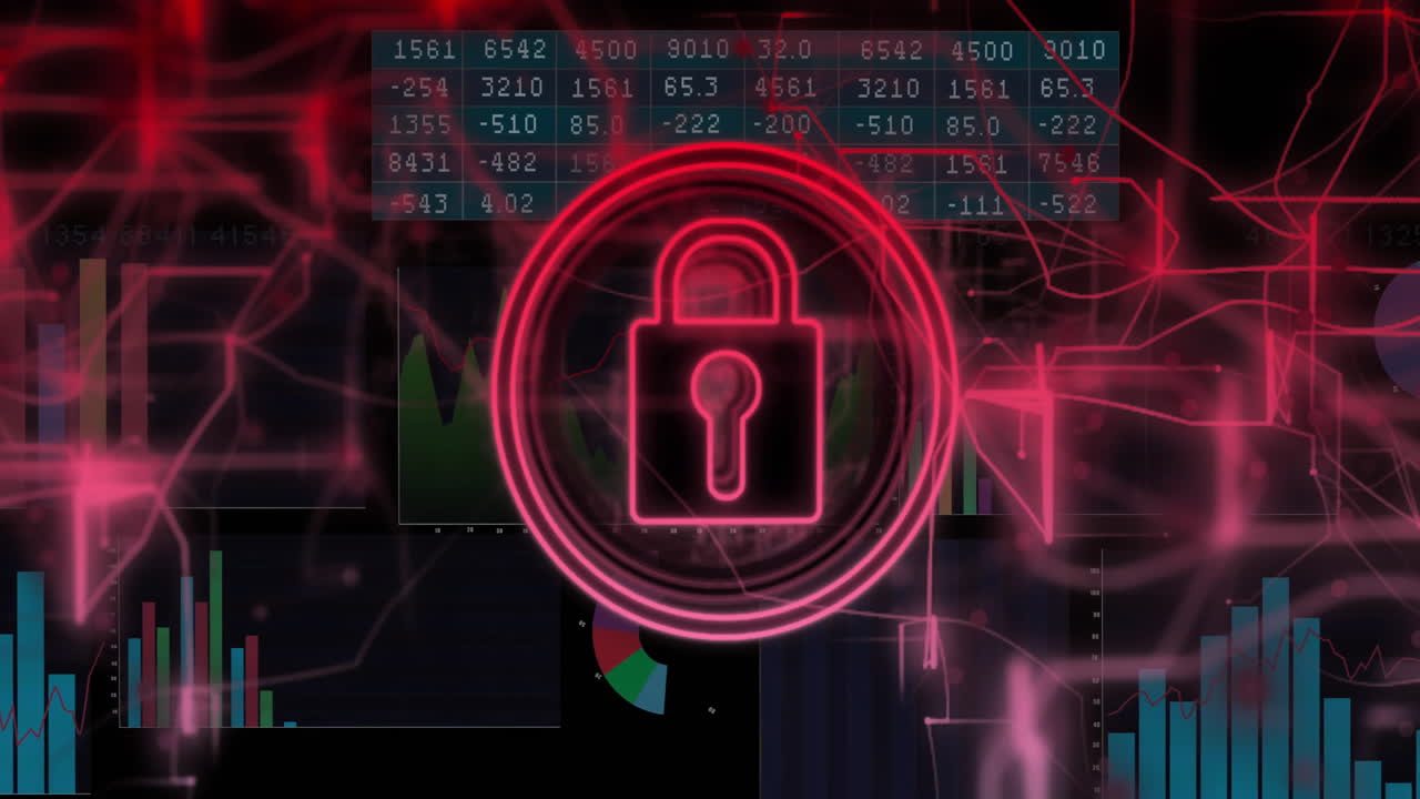 Lock icon and security animation over financial data and charts