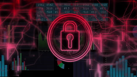 icono de bloqueo y animación de seguridad sobre datos financieros y gráficos