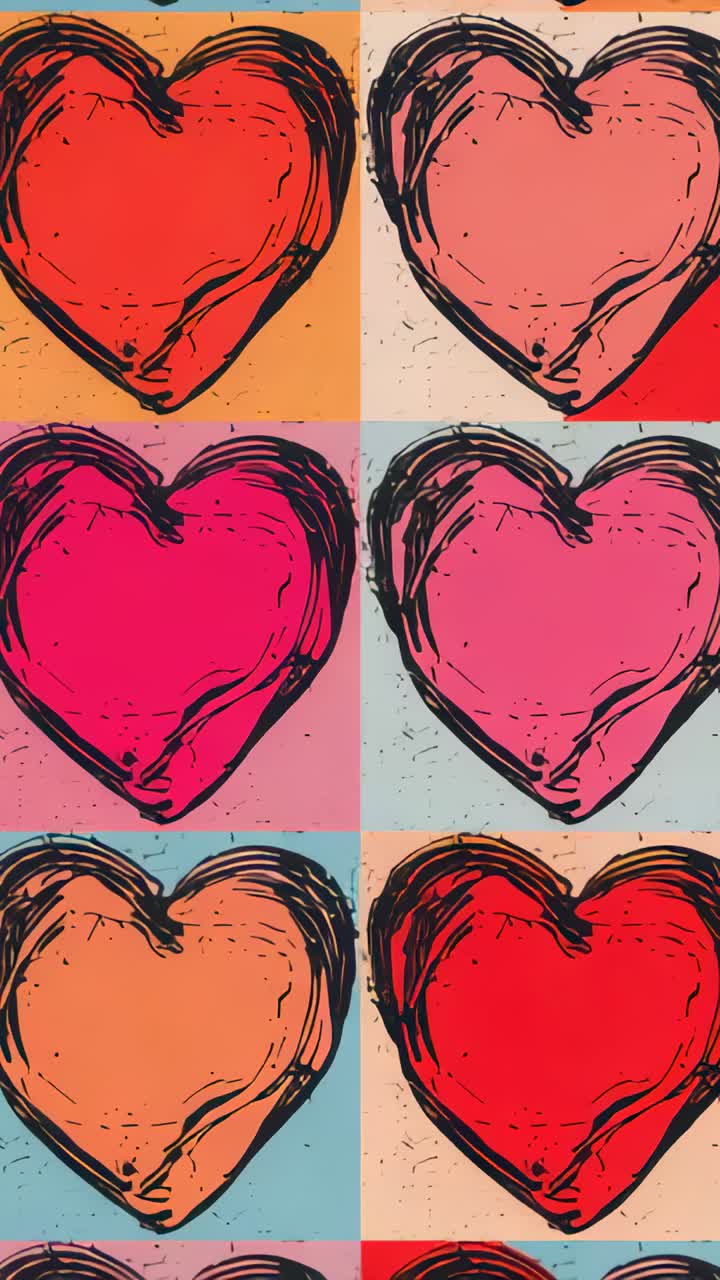 Vertical video: Shifting heart grid swapping colors per frame on wall, showing bold black outlines