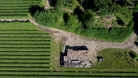 a birds eye drone shot of empty wooden crates waiting to be filled with apples