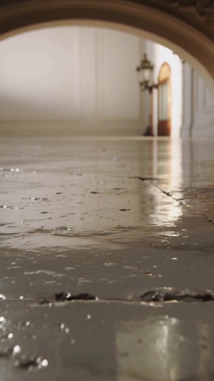 Vídeo vertical: Início de um movimento de câmera para frente mostrando um chão de pedra desgastado em direção a um arco, guiando o olhar para uma luminária de porta.