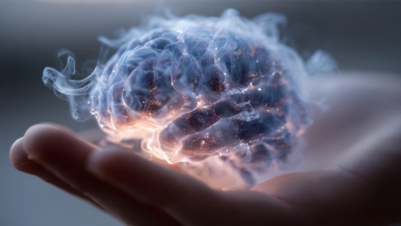 A Captivating Journey Through the Evolution of Thought: The Transformation of a Glowing Brain Manifested in a Hand, Embodying Creativity and Knowledge