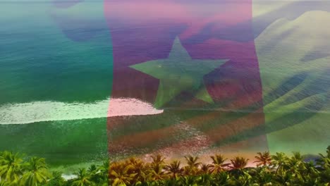 Animación-De-La-Bandera-De-Camerún-Ondeando-Sobre-El-Paisaje-Marino-De-La-Playa.