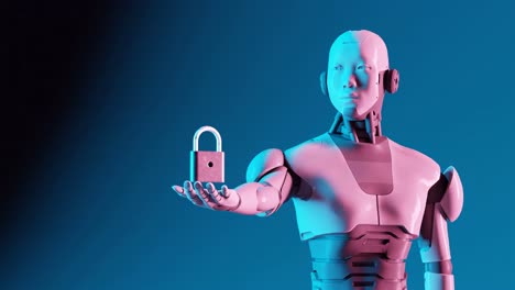 security robot holding padlock his hands, blue background, teal and orange, cinematic lighting, 3d render