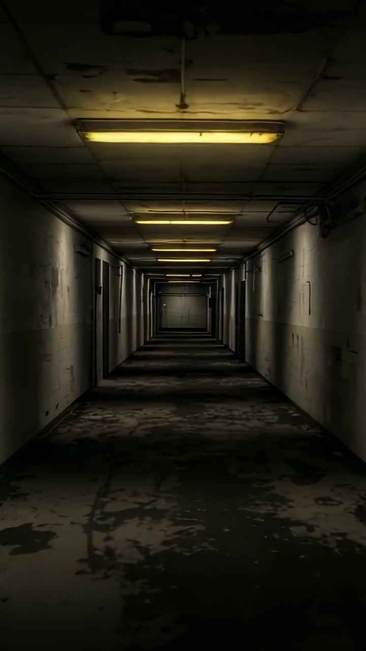 Vertical video: Ending hold, camera moving down corridor, exposing flickering lights and pipes