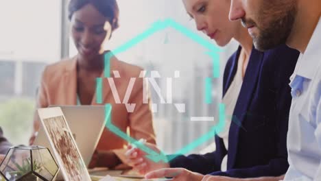 animation of nft text and connections over diverse business people in office