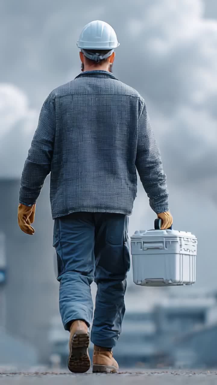 A Worker in a Hard Hat and Safety Gear Walking Away from Industrial Complex with a Toolkit, Surrounded by Smoky Skies and Machinery in the Background