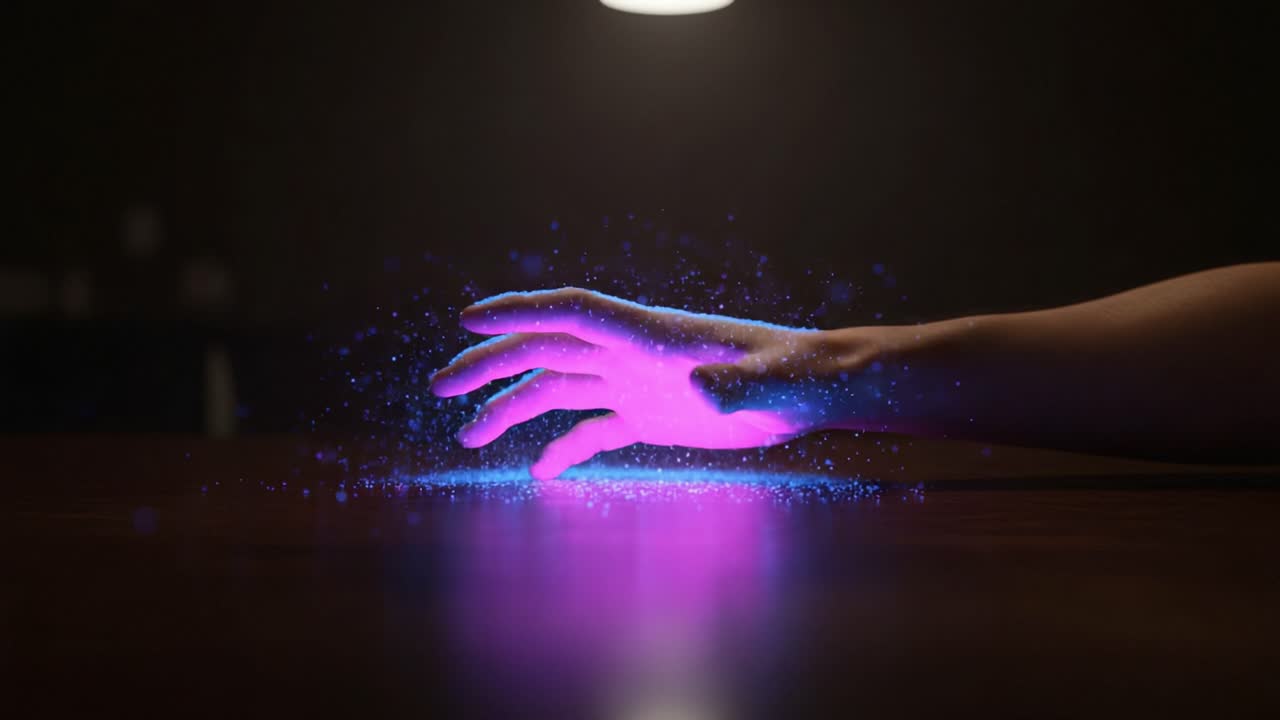 A Mysterious Hand Manipulating Vibrant Energy: The Transformation of Light and Magic Manifesting from a Simple Gesture in a Dark Environment