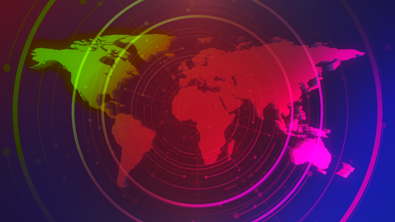 sala de noticias con mapa del mundo y círculos abstractos
