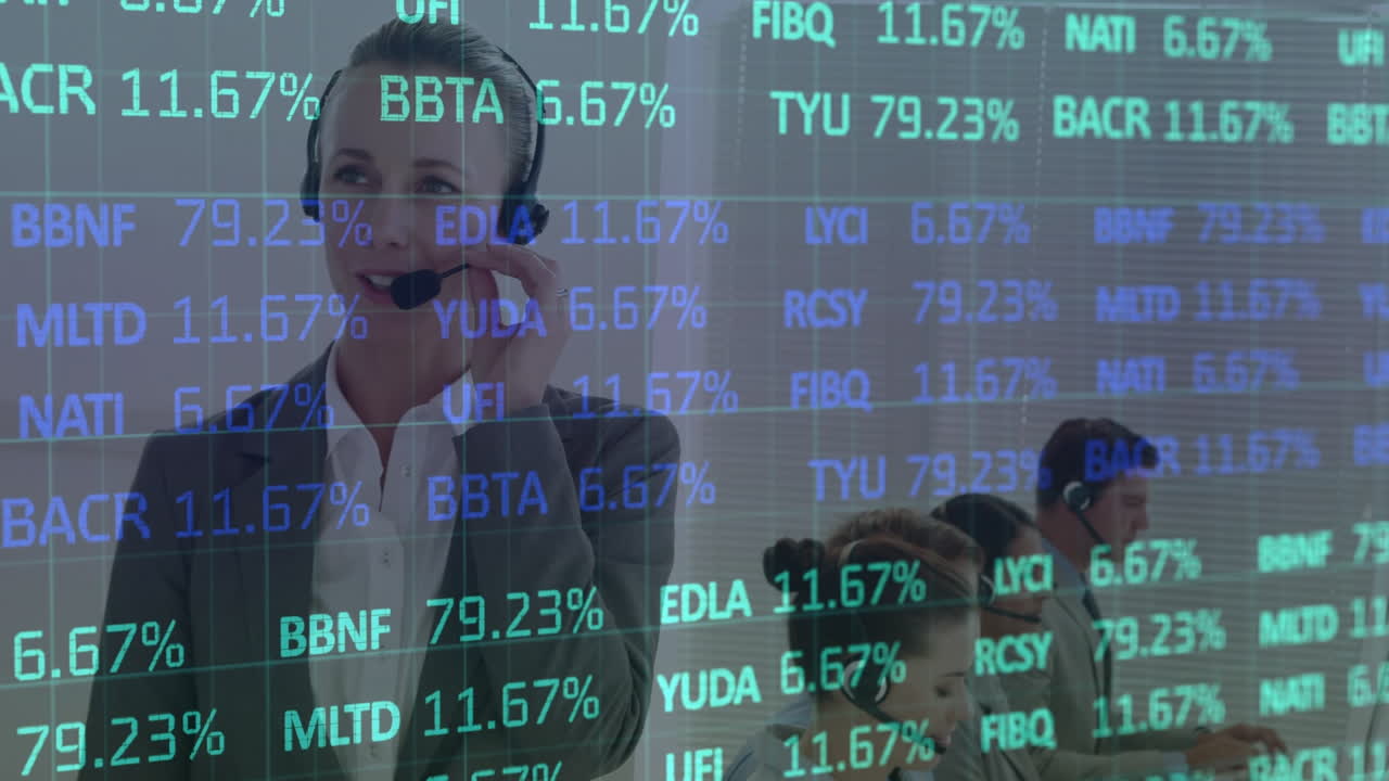 Animazione del mercato azionario su diverse persone d'affari con auricolari