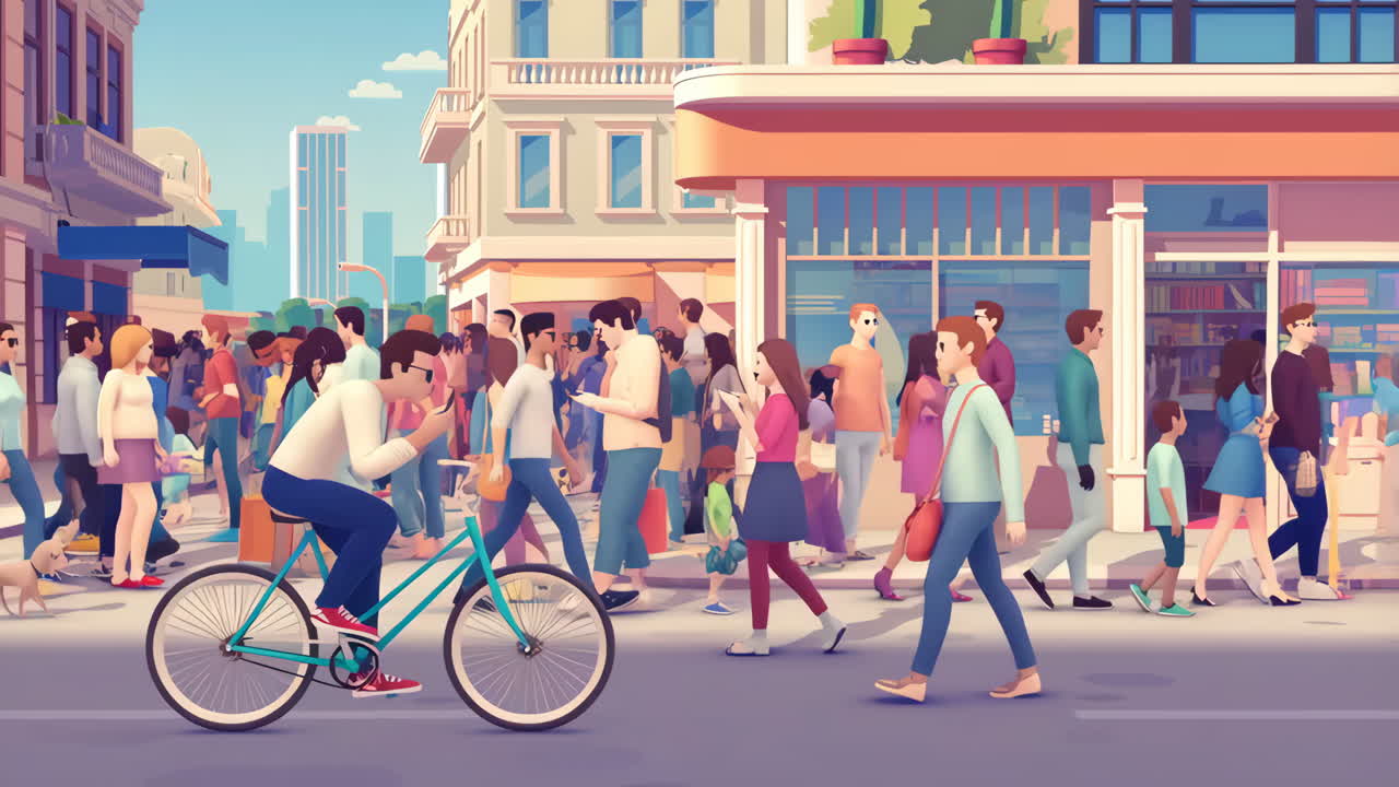 Lively street scene with pedestrians, a cyclist, and a dog walker in a city