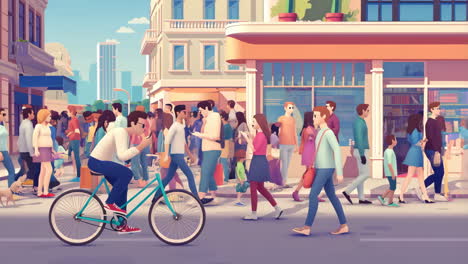 lively street scene with pedestrians, a cyclist, and a dog walker in a city