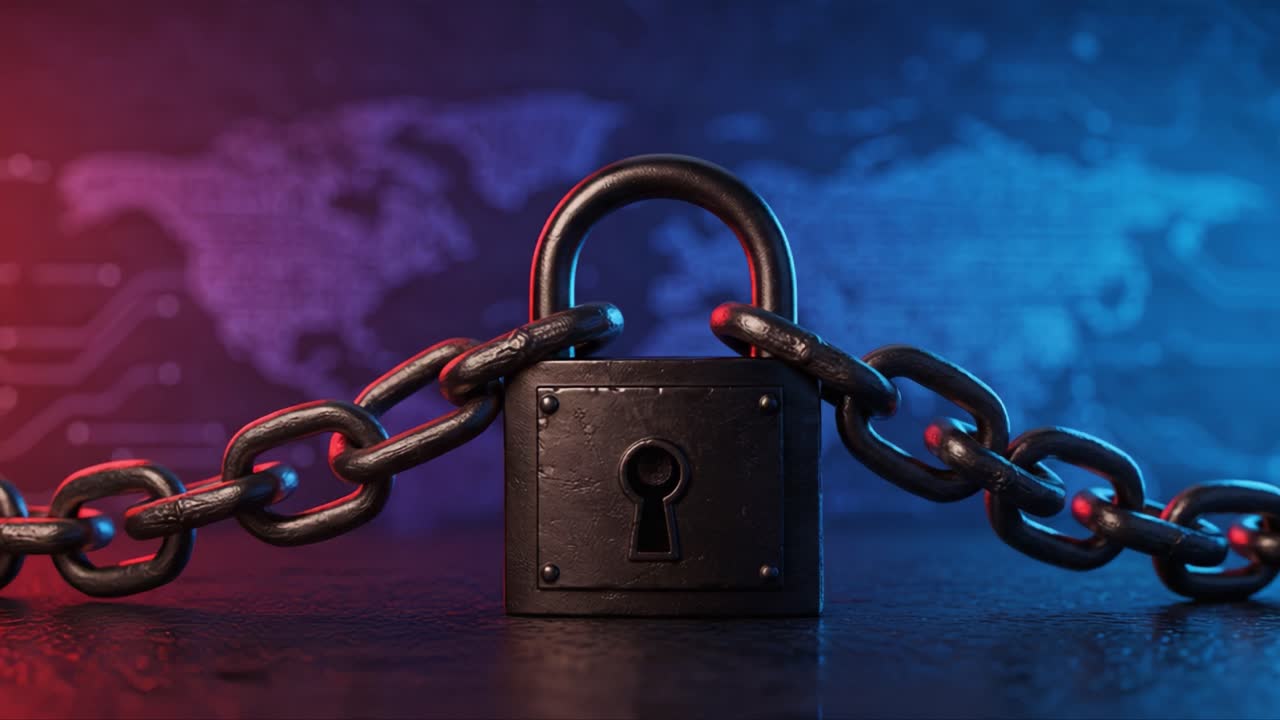 Exploration of Security: A Visually Striking Lock and Chain Symbolizing Protection, Privacy, and Cybersecurity Against the Backdrop of a Digital World