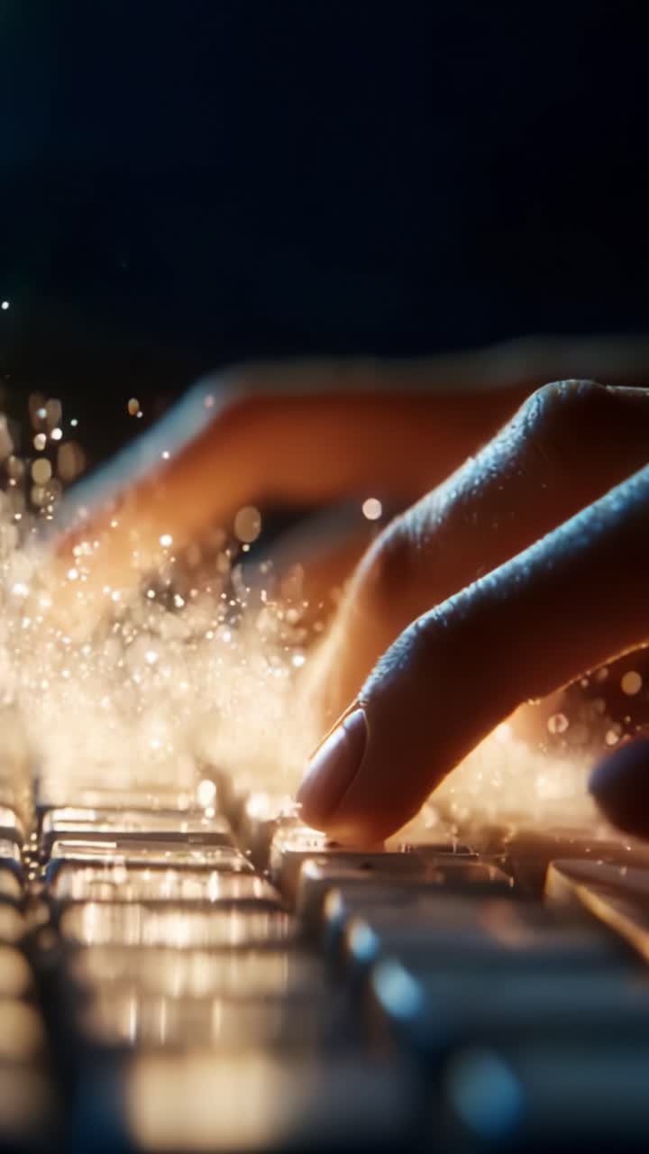 Nærbillede af hænder, der skriver på et computertastatur, oplyst af funklende lys, der glimter omkring, og indfanger essensen af digital kreativitet og udtryk