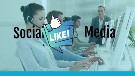 Animation-of-social-media-text-with-icons-over-diverse-business-people-using-phone-headset-in-office