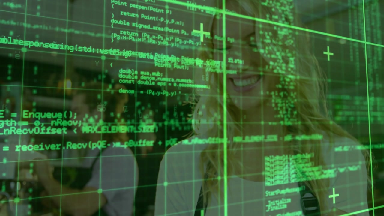 Woman barista serving coffee at cafe counter, with holographic grid showing technology data