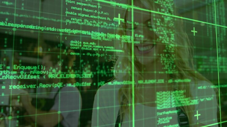 Woman barista serving coffee at cafe counter, with holographic grid showing technology data