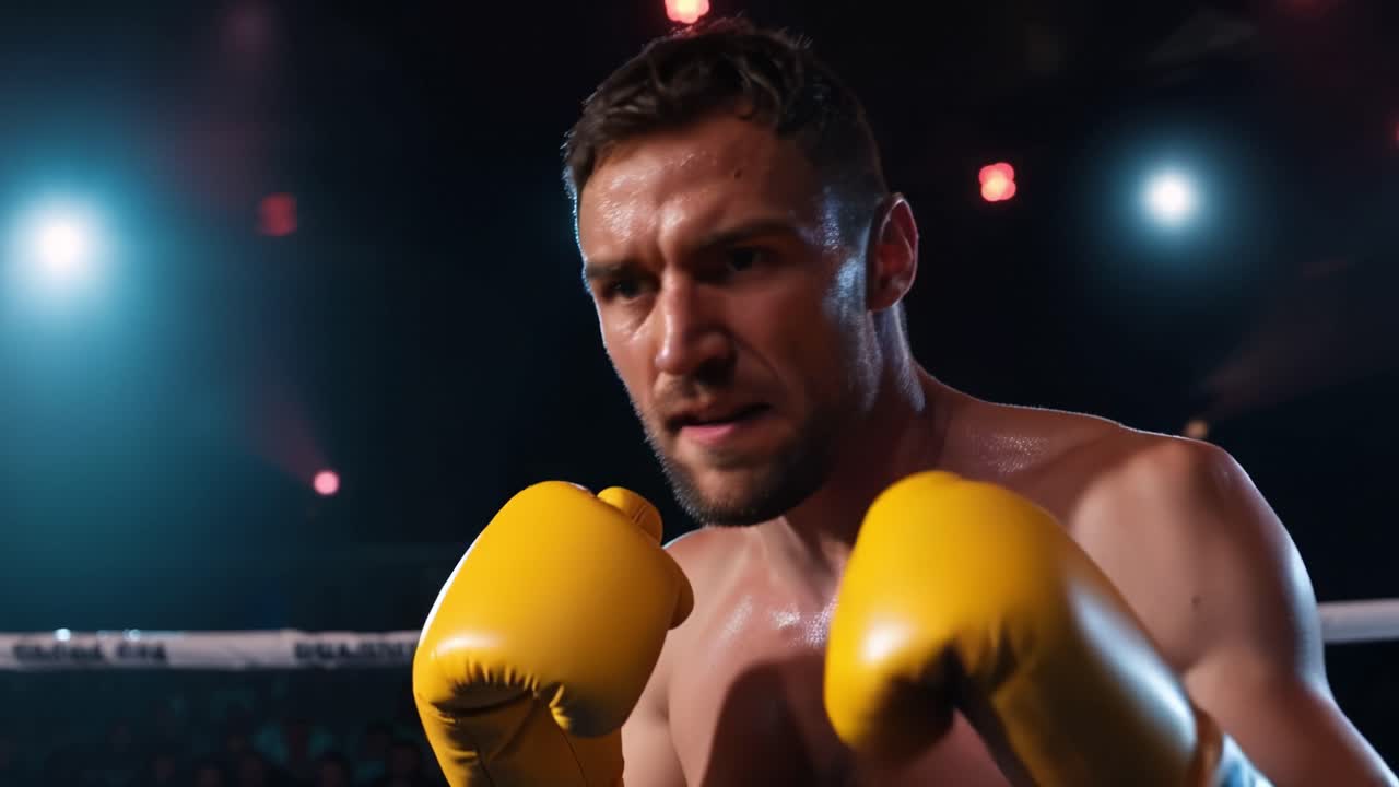 Focused boxer preparing to strike in a thrilling match with intense lighting and powerful expressions, showcasing the spirit of competition and athletic prowess