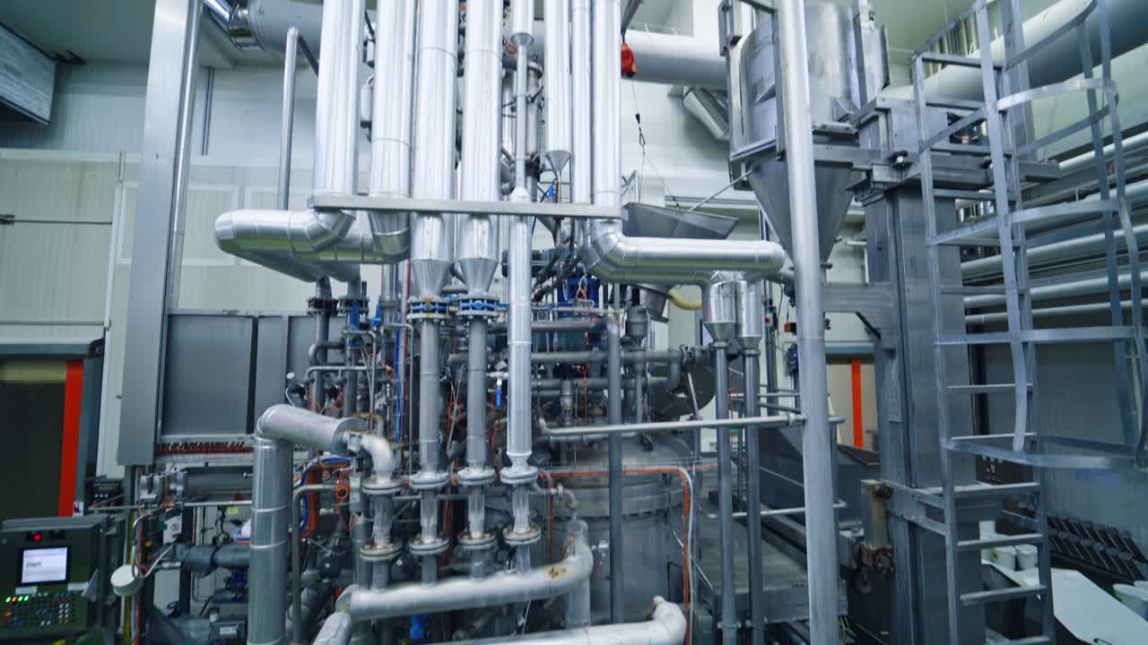 Modern equipment inside the industrial factory. Ventilation pipe system indoors. Manufacture concept. Motion camera down.