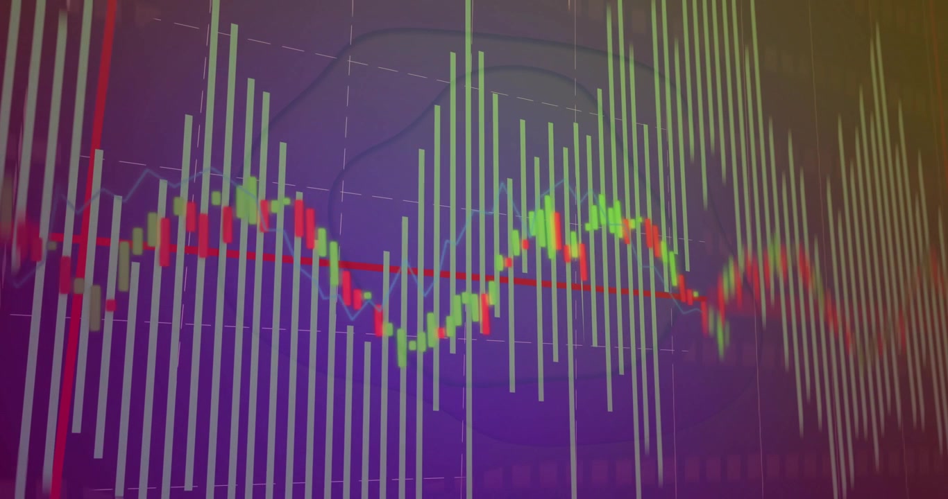 On load animated chart fluctuating bars, shifting green-red candlestick line showing market changes
