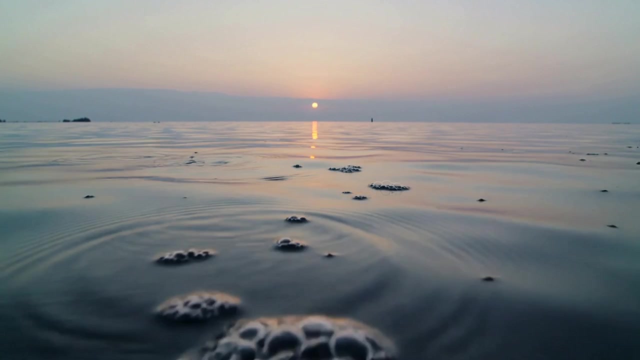 日の出の際、乱れの後に波紋が広がる泡と水、太陽が反射し、右にはブイが見える。
