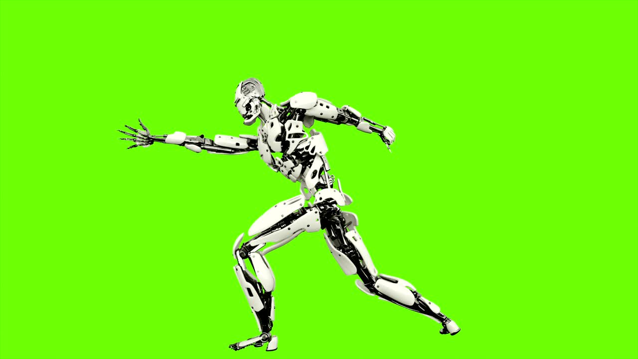 Robot androide che lancia una palla di energia. Movimento realistico in loop su sfondo green screen. 4K