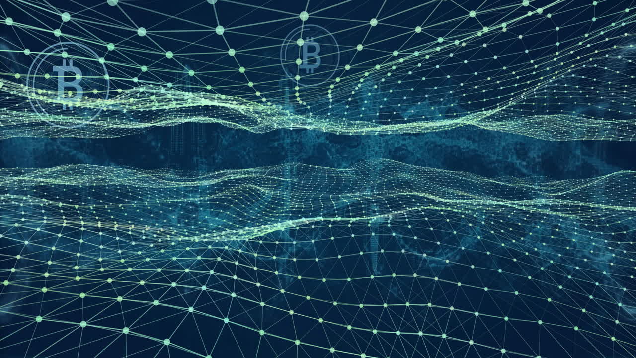 Bitcoin symbols and blockchain network animation over digital landscape