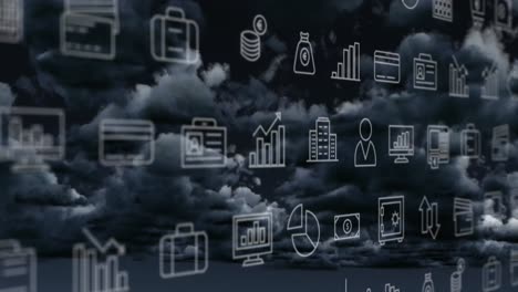 animation of multiple digital icons against dark clouds in the sky