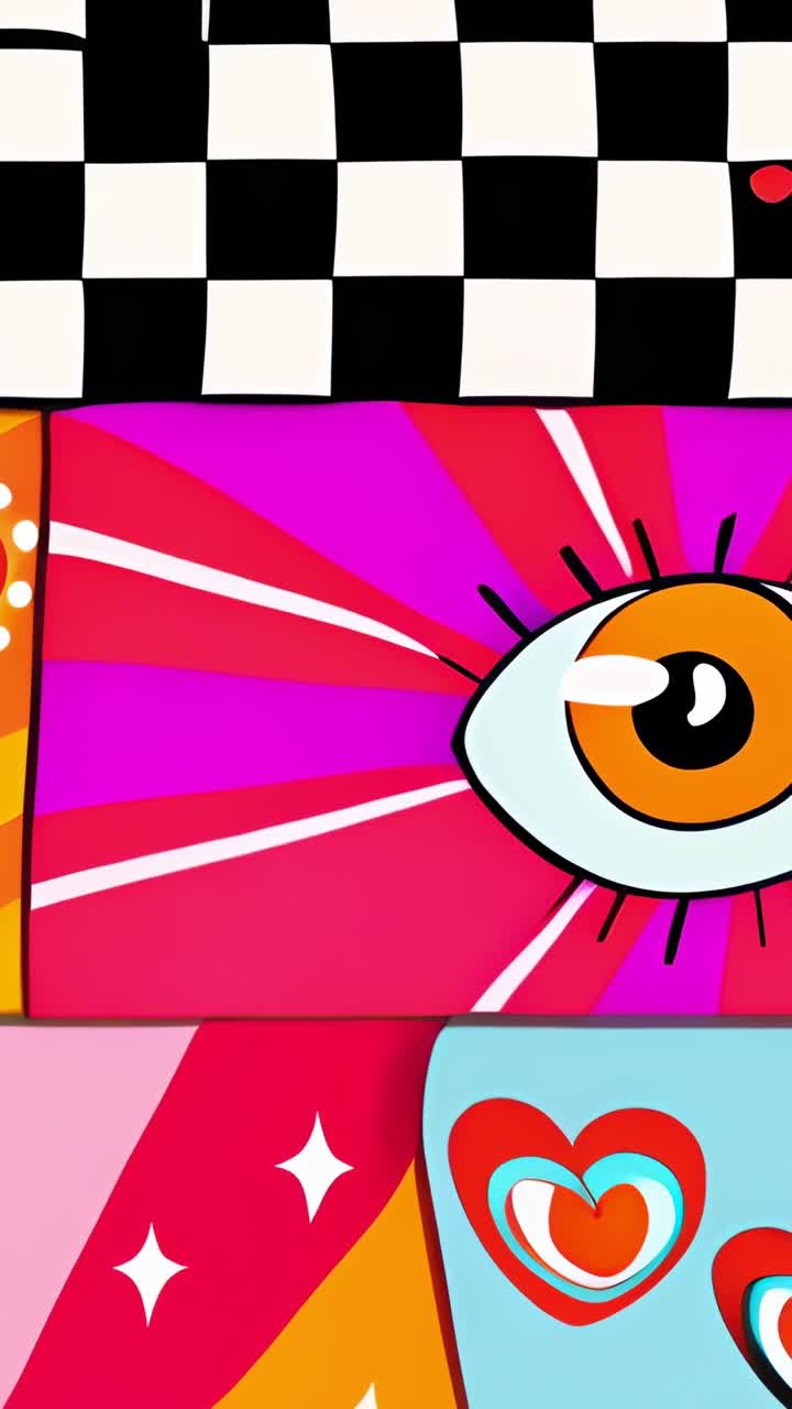 Vertical video: Looping panel showing digital art with checkerboard, heart, eye, sparkles, hearts