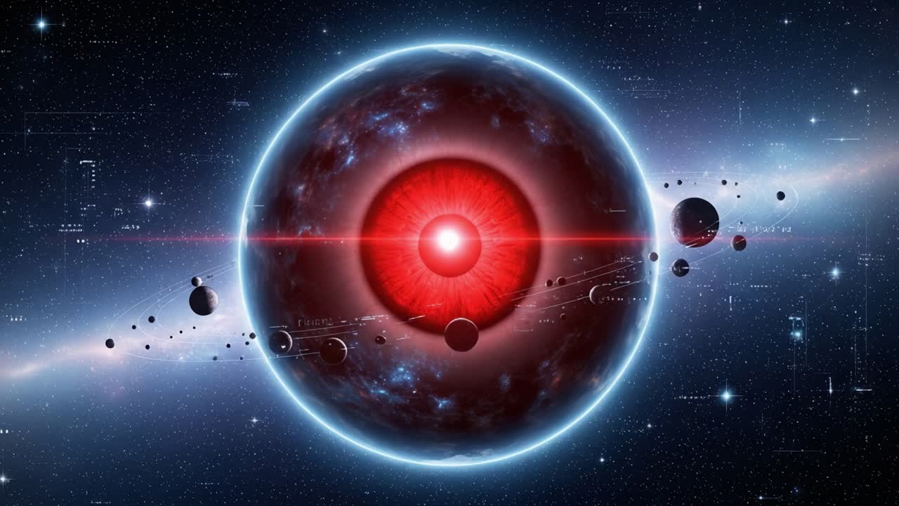 A captivating cosmic scene presenting a vast alien planet surrounded by a glowing red eye at its core, with numerous celestial bodies orbiting in a vivid cosmic landscape