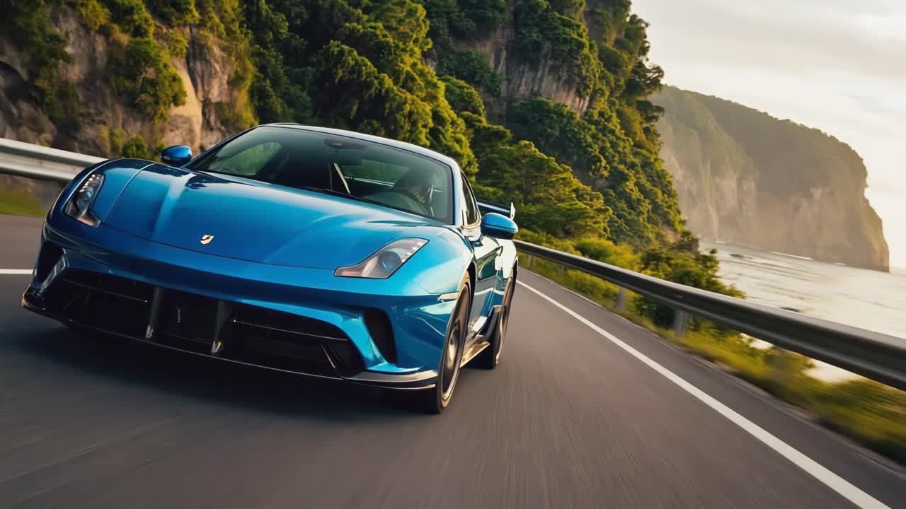 Blue Sports Car Driving on Scenic Coastal Road