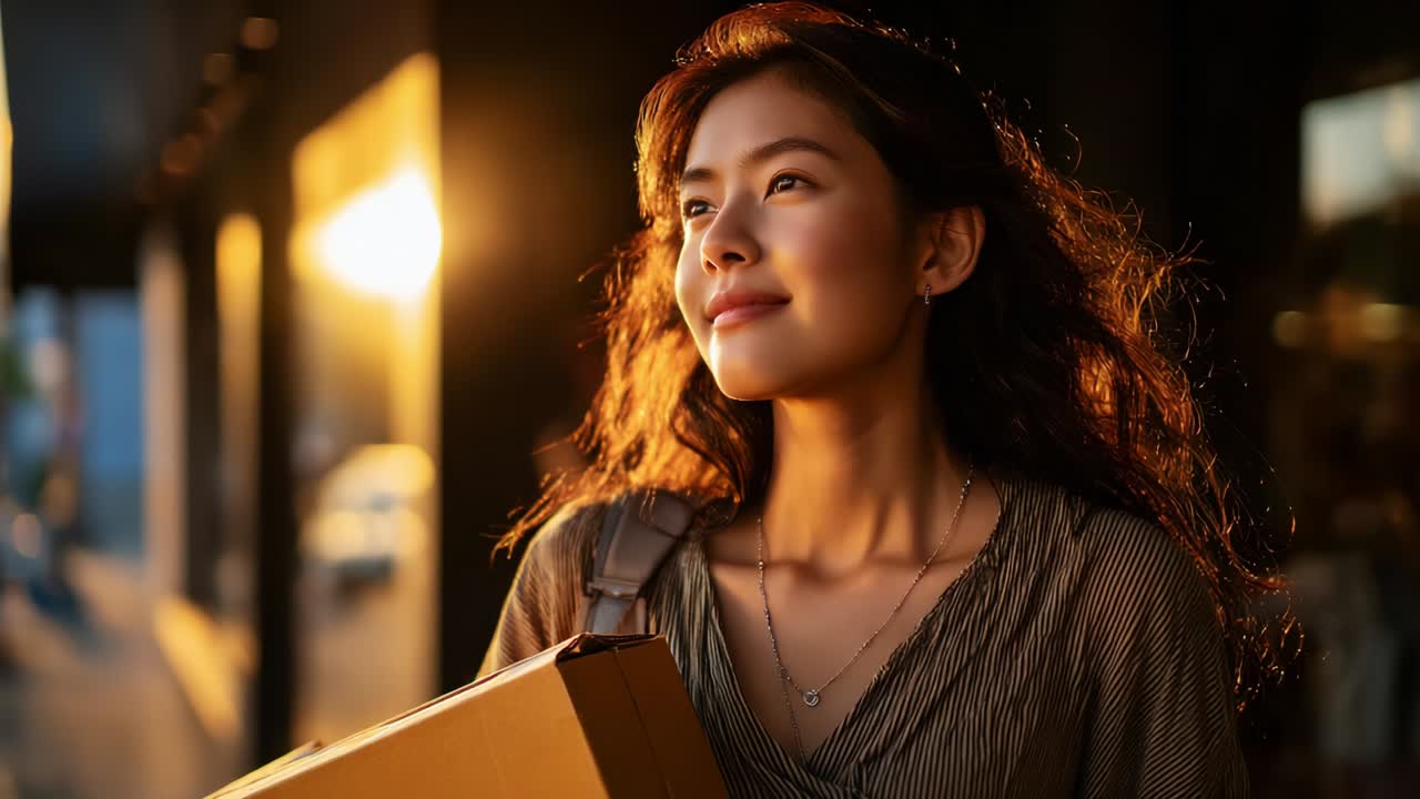 Una giovane donna pensierosa, illuminata dalla luce dorata del tramonto, sta all'aperto, tiene in mano un pacco e riflette sulla sua giornata, evocando sentimenti di speranza e nuovi inizi mentre il sole tramonta dietro di lei con un bagliore caldo