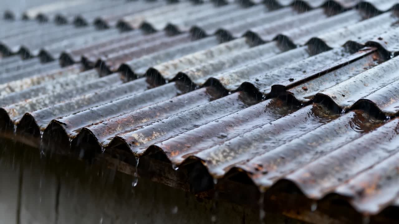 Channeling rainwater, corrugated shed roof directing pooled water toward eave, showing rust