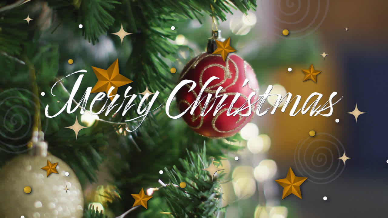 크리스마스 트리와 별 위에 메리 크리스마스 텍스트의 애니메이션