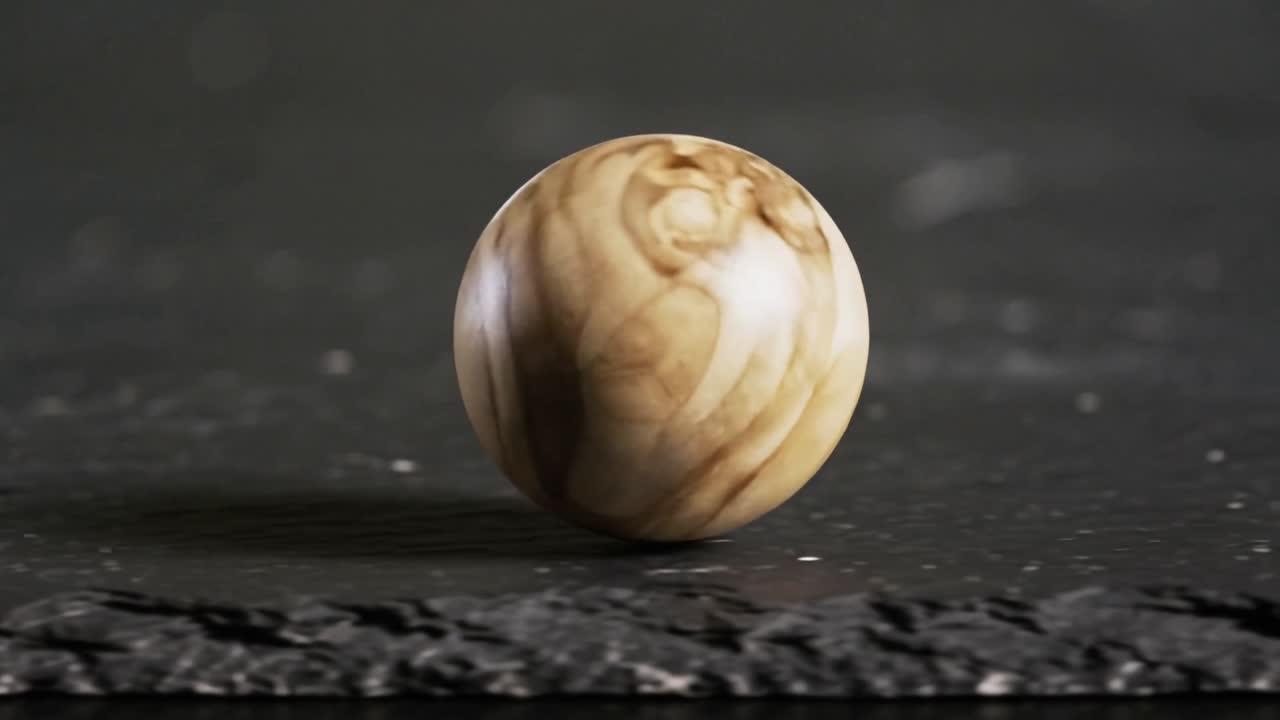 Sfera di legno lucida che ruota e rotola su una lastra di ardesia scura dopo una spinta iniziale, rivelando le venature.