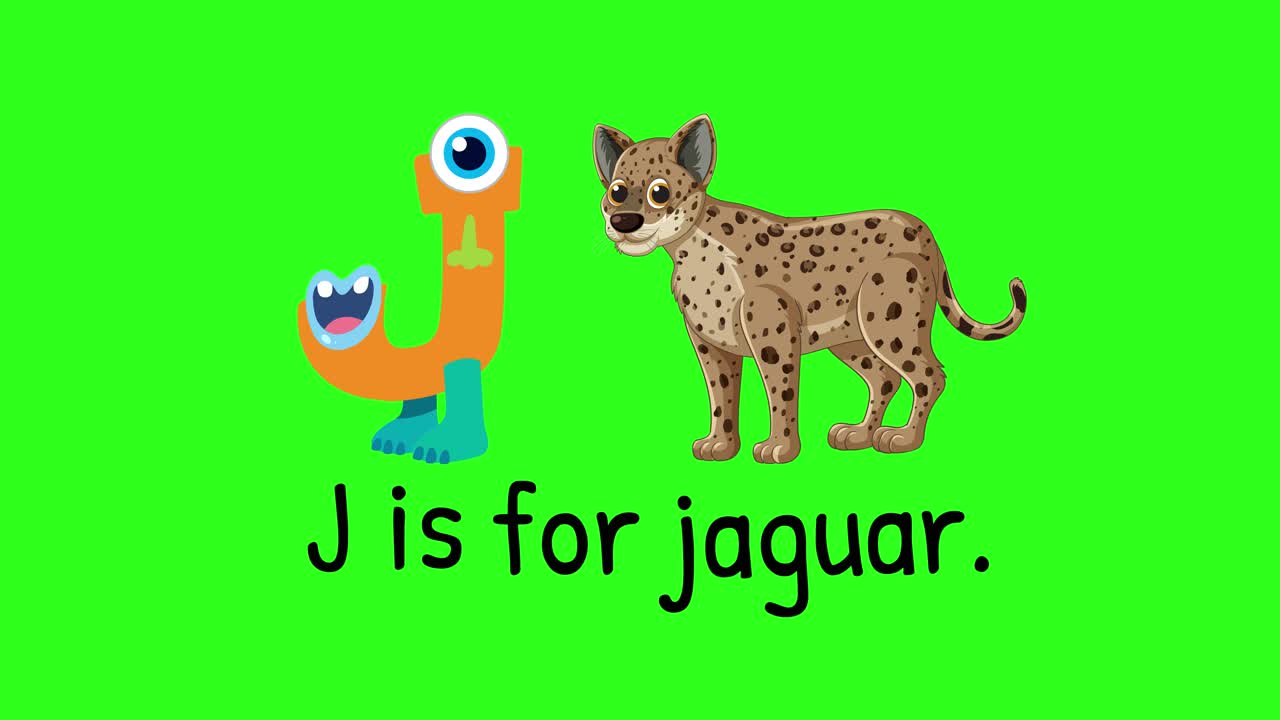 Bright animation introducing the letter J with a jaguar on a vivid green background, featuring playful characters and text