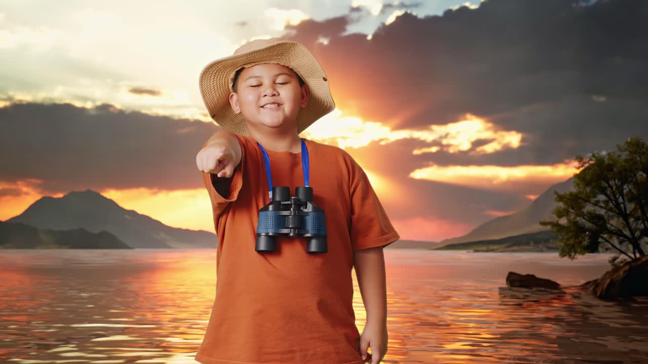 Asian Boy With A Hat And Binoculars Smiling And Touching His Chest Then Pointing At You At A Lake. Boy Researcher Examines Something, Travel Tourism