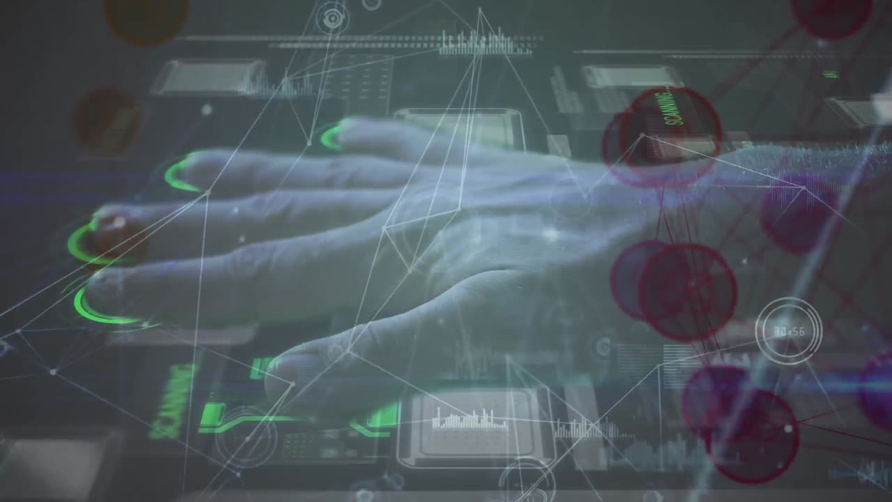 Animation of globe of network of connections over biometric scan of caucasian man's hand