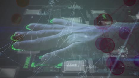 Animation-Des-Globus-Des-Netzwerks-Von-Verbindungen-über-Biometrischen-Scan-Der-Hand-Eines-Kaukasischen-Mannes