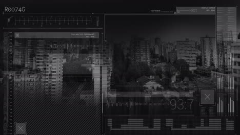 animation of statistics recording and data processing over cityscape