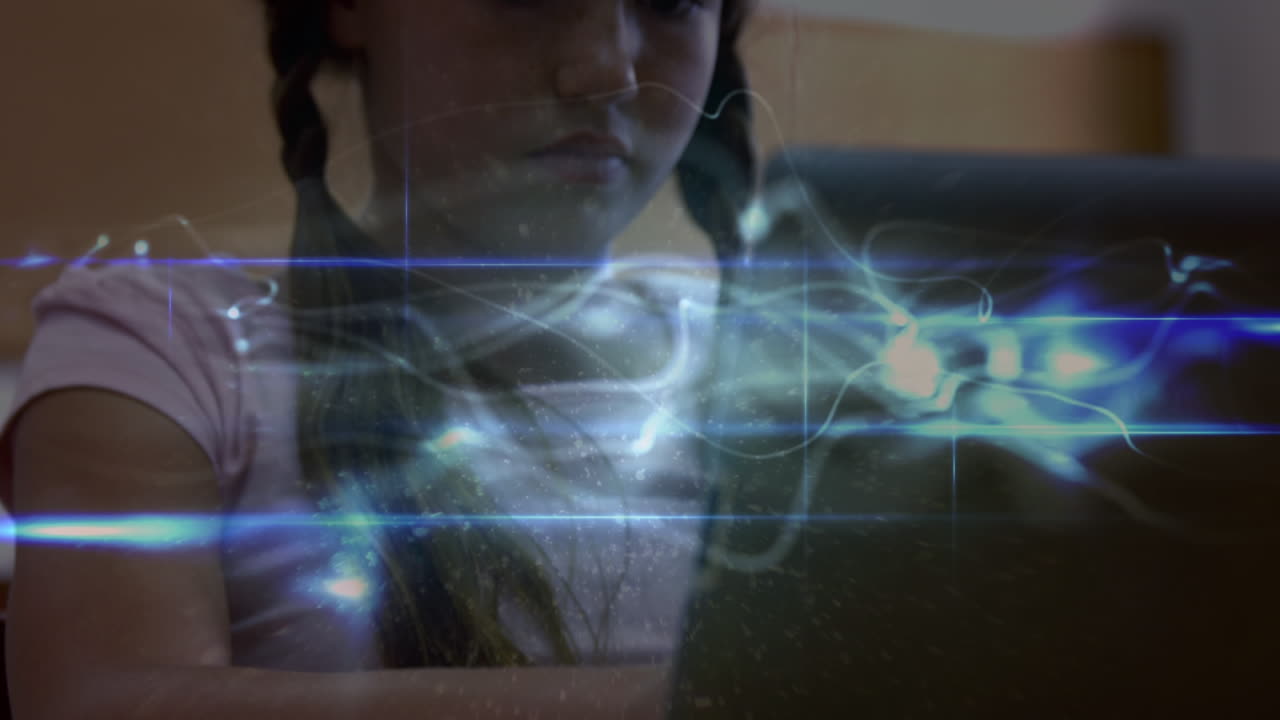 Animation of network of connections over school girl using technology