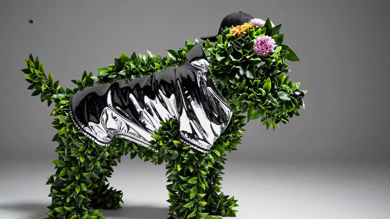 Fashionable Dog Sculpture with Plants and Metal Jacket