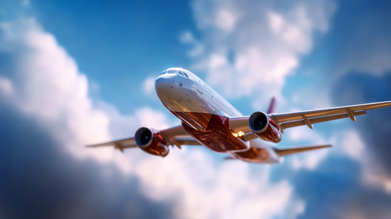 Vista aerea di un aereo di linea commerciale che solca le nuvole soffici in un cielo azzurro, catturando l'essenza del trasporto aereo e dell'eccellenza ingegneristica