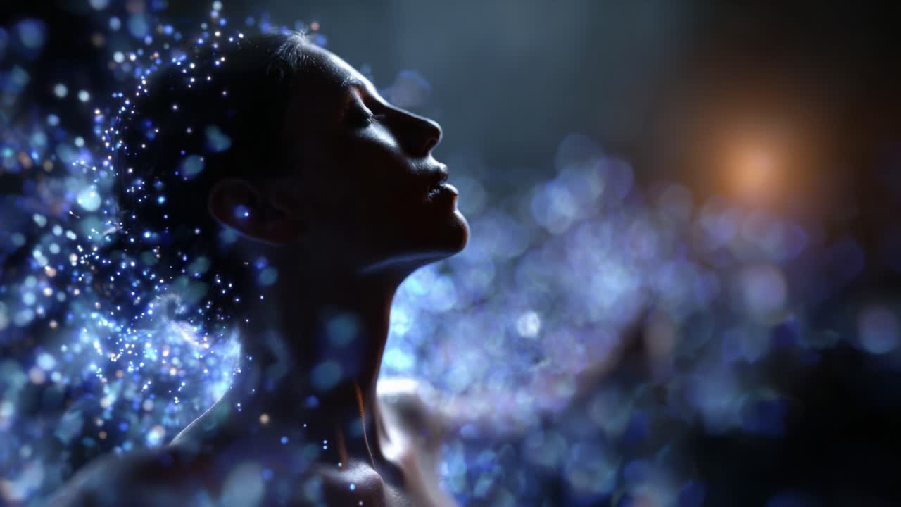 A serene figure emerges, enchanting light particles swirl around her, creating a mesmerizing visual display that captures the essence of beauty and tranquility