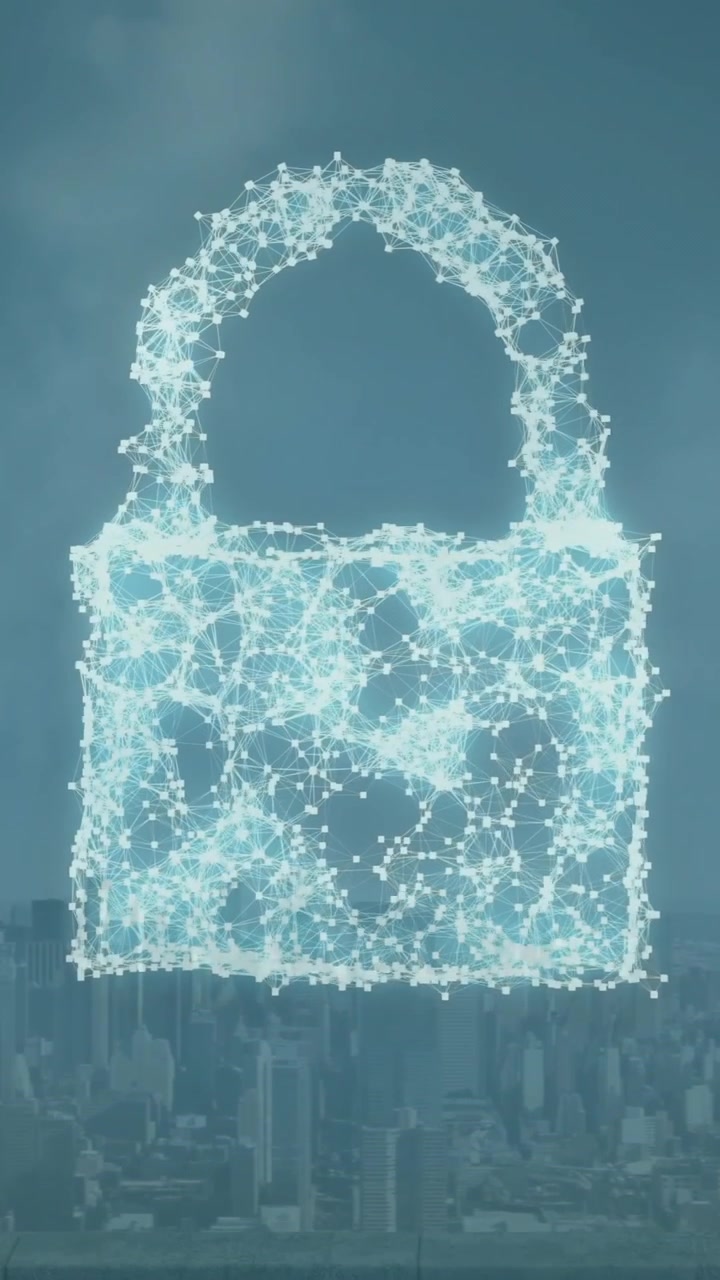 Animation of padlock icon and digital data processing over cityscape