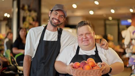 Portrait-of-two-happy-workers-in-a-supermarket,-two-men-in-white-T-shirts-and-black-front-ones,-an-overweight-man-holding-a-basket-of-peaches-in-his-hands