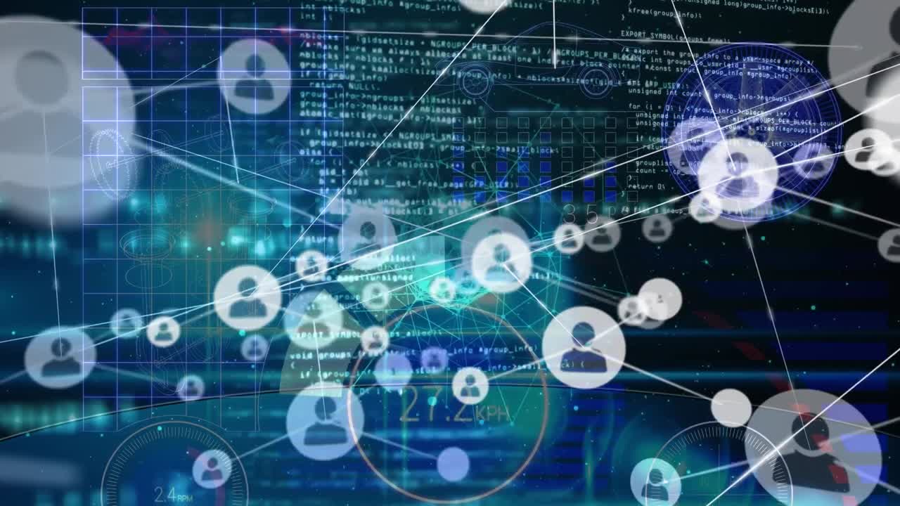 추상적인 배경에 연결된 아이콘, 숫자, 원 및 프로그래밍 언어의 애니메이션